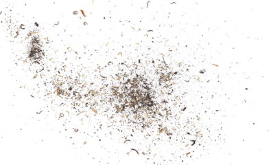 Dust, metal shavings, explosion scraps pile isolated on white background, texture, top view