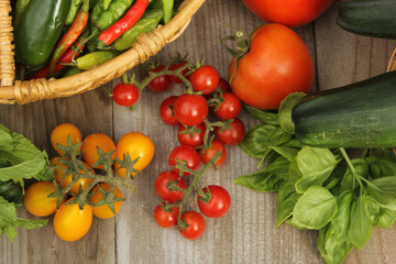 Organic Summer Vegetable Harvest on Table Outdoors on Farm