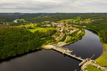 The Kamýk Hydroelectric Power Station also forms a part of the Vltava Cascade. Dam on Vltava river, Kamyk nad Vltavou, Central Bohemian region, Czech republic. - obrazy, fototapety, plakaty