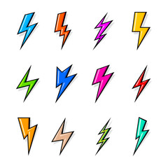 Colored Lightning Bolt Icons Isolated on White Background. Simple Icon Storm or Thunder and Lightning strike. Flash Symbol, Thunderbolt. Simple Cartoon Lightning Strike Sign
