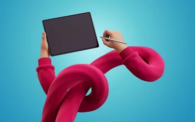 Fotobehang 3d render, cartoon flexible tangled hands in red sweater, hold blank graphic pad with blank screen and digital pen. Wireless gadget, electronic device. Funny clip art isolated on blue background © NeoLeo