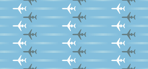seamless pattern with white and gray passenger airplanes and flight paths