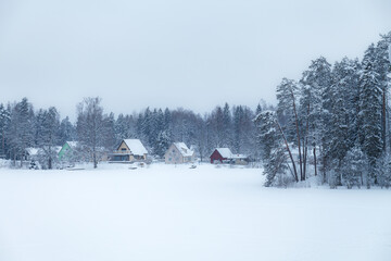 Houses by the frozen lake. Snowy winter day.