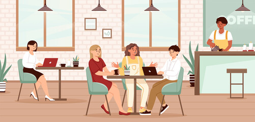 Young male and female characters are communicating and working in a coffeehouse. Group of people sitting together with laptop and coworking at cafe. Coworking office. Flat cartoon vector illustration