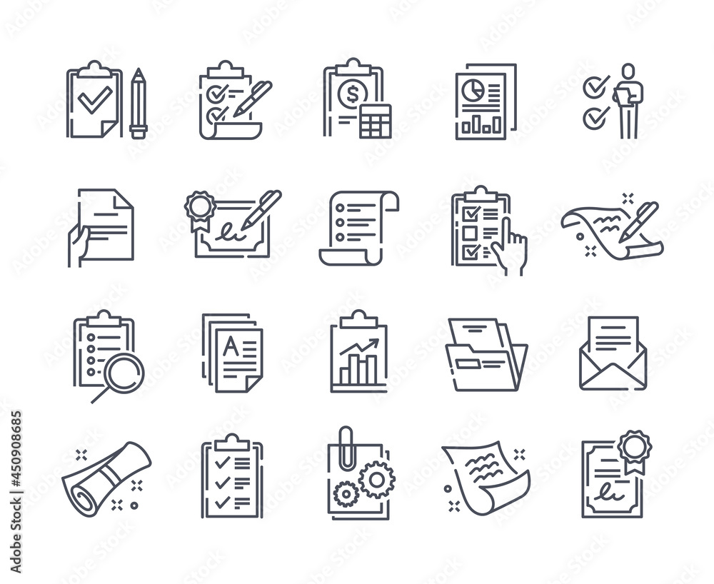 Poster set of clipboard related minimalistic linear icons on white background. collection of simple line co