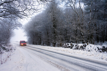 Driving in Winter Weather on a country road in North Yorkshire, England.