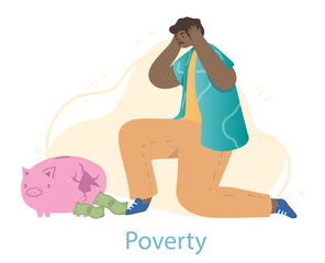 Poor male character sitting near broken piggy bank with a few banknotes left on white background. Young man is very unhappy to be broke. Concept of poverty and misery. Flat cartoon vector illustration