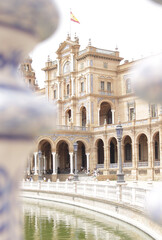 Selective focus of Plaza de Espana between balusters in Seville, Spain - obrazy, fototapety, plakaty