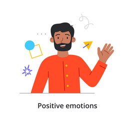 Cheerful male character is waving with his hand on white background. Concept of people expressing their emotions with body language. Positive emotions. Flat cartoon vector illustration