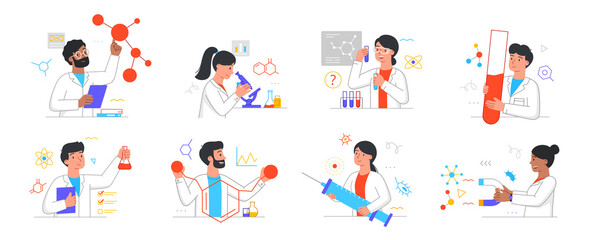 Set of male and female cientists conducting medical researches, analyses and tests of vaccines on white background. Concept of developments and discoveries in science. Flat cartoon vector illustration