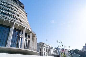 New Zealand government buildings including circular landmark known as Beehive.