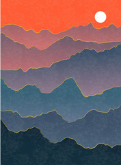 Vector blue misty landscape with silhouettes of mountains, hills. Boho simple landscape background vector design illustration