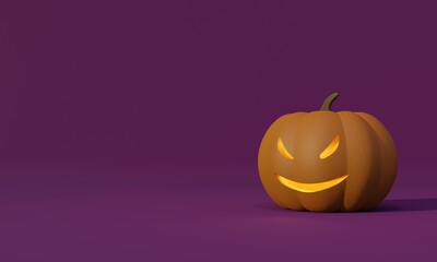 3d rendering. Halloween pumpkin with sinister grin glowing from within.