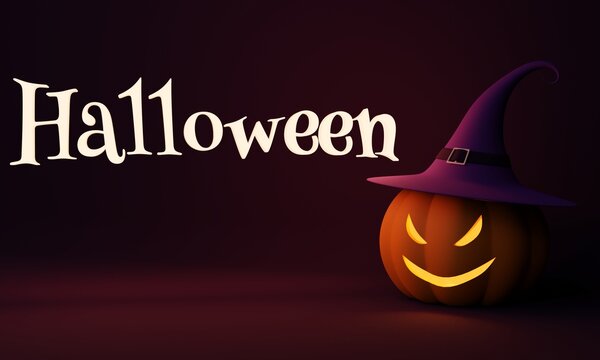3d rendering. Haloween pumpkin with sinister grin glowing from within and whitch hat on it.