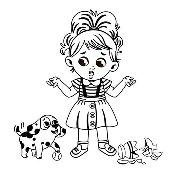 Black and White Little Girl and Her Dog, Vector illustration.
