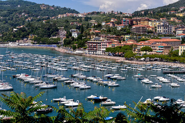 Aerial view of port of Lerici, a town and commune in the province of La Spezia in Liguria (northern Italy), part of the Italian Riviera. It is situated on the coast of the Gulf of La Spezia