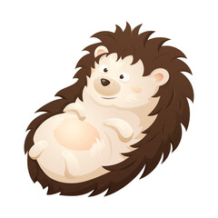 Vector illustration of a cute cartoon smiling hedgehog with needles lying on his back. Cheerful kid forest animal character.