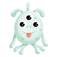 Cute cartoon monster with claw hands, smile and protruding tongue. Three-eyed cyclop, alien. Vector graphics.