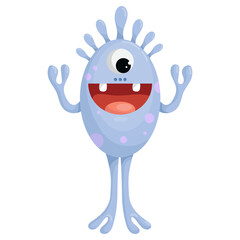 Cute cartoon monster with claw hands and wide smile. One-eyed chyklop, alien, vector graphics.