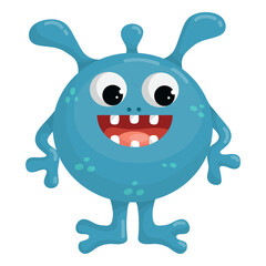 Cute cartoon monster with claw hands and three horns, alien vector graphics.