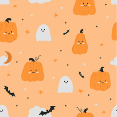 Halloween seamless pattern design with ghost and pumpkin.
