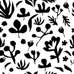 Abstract simple trendy seamless pattern.  Black and white different floral elements.  Hand drawn in doodle style. Modern textile, packaging, wrapping paper.