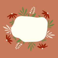 Modern floral abstract wreath in brown, beige, cream, green colours. Soft brown background. Hand drawn different  flowers and leaves. Perfect for greeting card, postcard, social media post, banner.