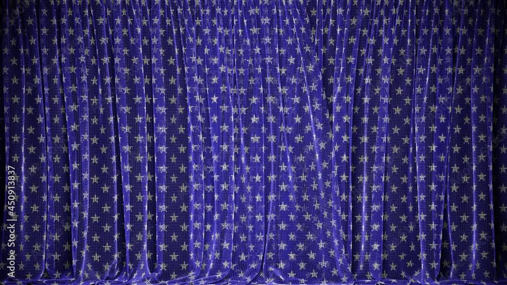 Poster realistic 3d animation of the stylish stars pattern blue transparent fishnet curtain rendered in uhd