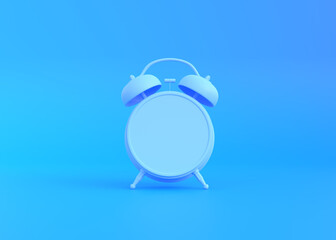 Blue table alarm clock on bright blue background in pastel colors. Minimal creative concept. 3d rendering illustration