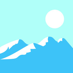 Blue Mountain Peak and White Sun on Blue Background