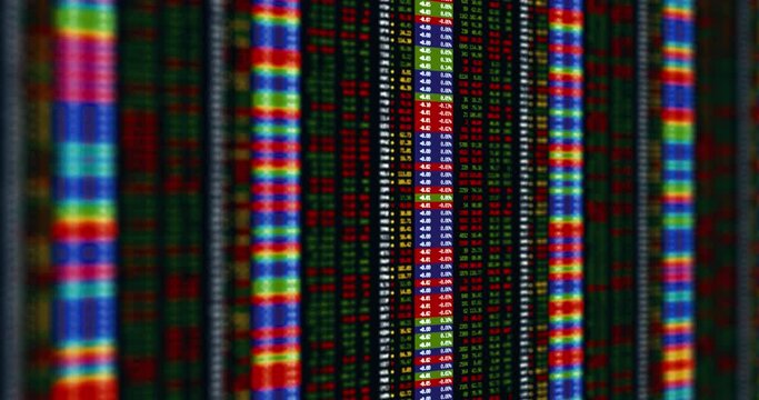 Balanced stock market trading quotes ticker board with random fictional company names. Mathematically correct simulation of security prices, buyers and sellers asks/bids count.
