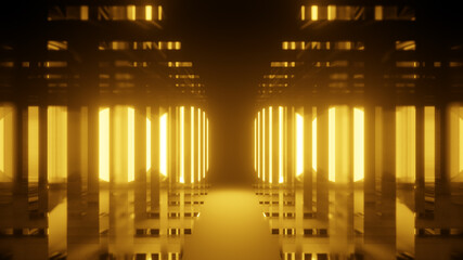 Gold neon mirror maze. Abstract  3D Render	
