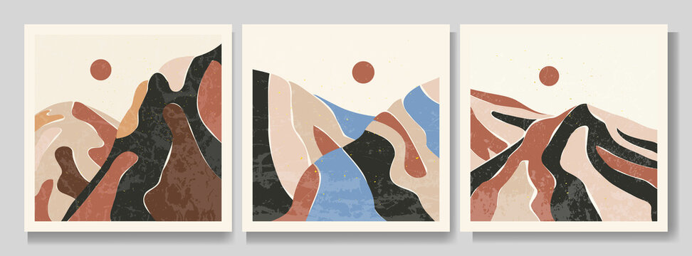 Vector illustration landscape set. Flat design. Mountains and hills background collection. Grunge surface texture with golden splash. Asian style. Design for web banner, social media template
