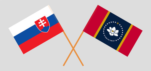 Crossed flags of Slovakia and the State of Mississippi. Official colors. Correct proportion