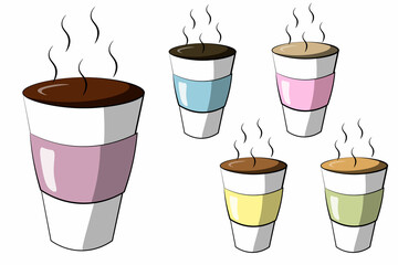 Mini set objects paper Coffee Cup. Draw illustration in color