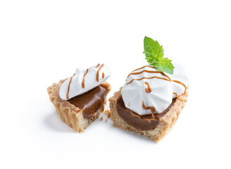 Shortcrust pastry with meringues and toffee filling isolated on white