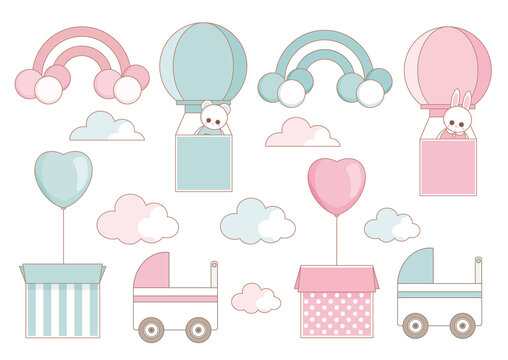 Big set of cute baby shower elements.  Invitations, cards, nursery decor