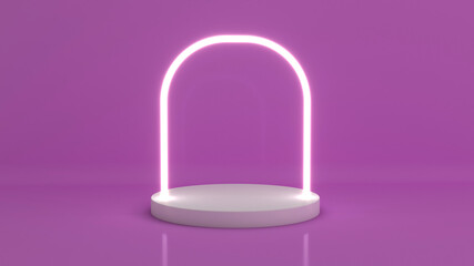 Cylinder shape of product display. Purple abstract scene with neon white rings. 3d rendering.
