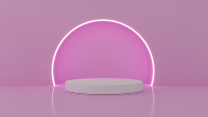 Cylinder shape of product display. Purple abstract scene with neon white rings. 3d rendering.
