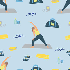 Seamless pattern with a girl doing yoga, a collection of elements for yoga, a woman doing sports, meditation, relaxation process, in the gym, cartoon illustration, vector drawing