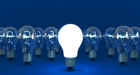 Row of light bulbs on blue background. 3d rendering.
