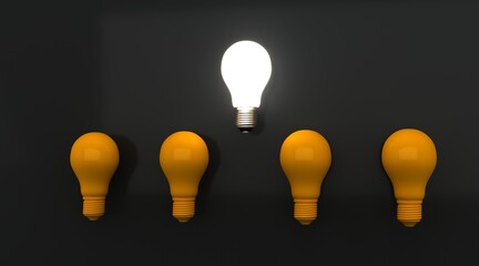 Row of light bulbs on pink background. 3d rendering.