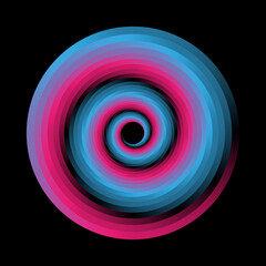 Abstract spiral vortex vector illustration. Futuristic bright coloured gradient spiral design element isolated on black background. 