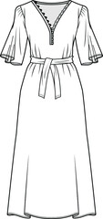 women button front belted flare dress flat sketch vector illustration