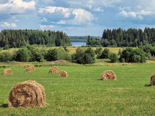 a field with haystacks and a river on  horizon