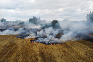 Aerial view of burning stubble in a farm field