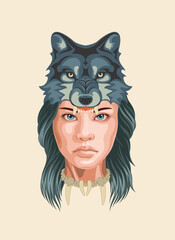 Gypsy girl in a wolf hat illustration solid color tattoo design 건대타투 문신도안 늑대 짚시 소녀