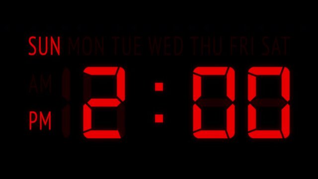Loopable: LED digital clock displays week days and the current time in 12-hours AM/PM format updating 1 minute per frame.
