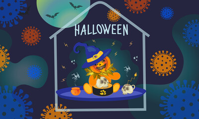 Funny halloween pumpkin illustration in the context of the coronavirus. Terrifying bacterial background around the house and a hilarious character with a crafty treat at a party. Vector banner, poster