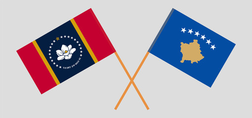Crossed flags of the State of Mississippi and Kosovo. Official colors. Correct proportion